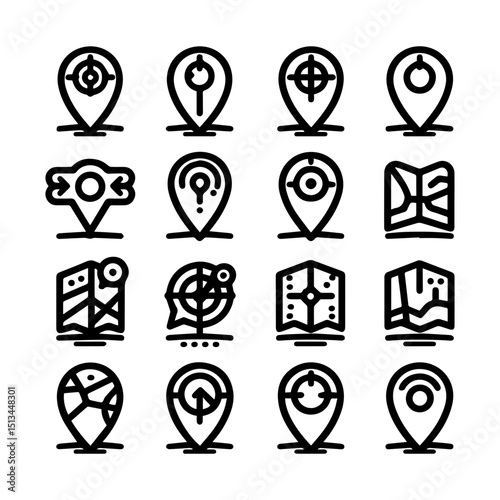 Collection of location and navigation symbols representing pinpoint accuracy and destination tracking. Technology concept