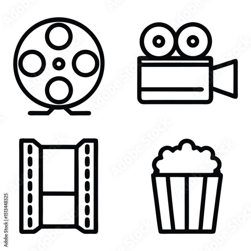 Movie Night Icons Set Film Reel Camera Strip and Popcorn