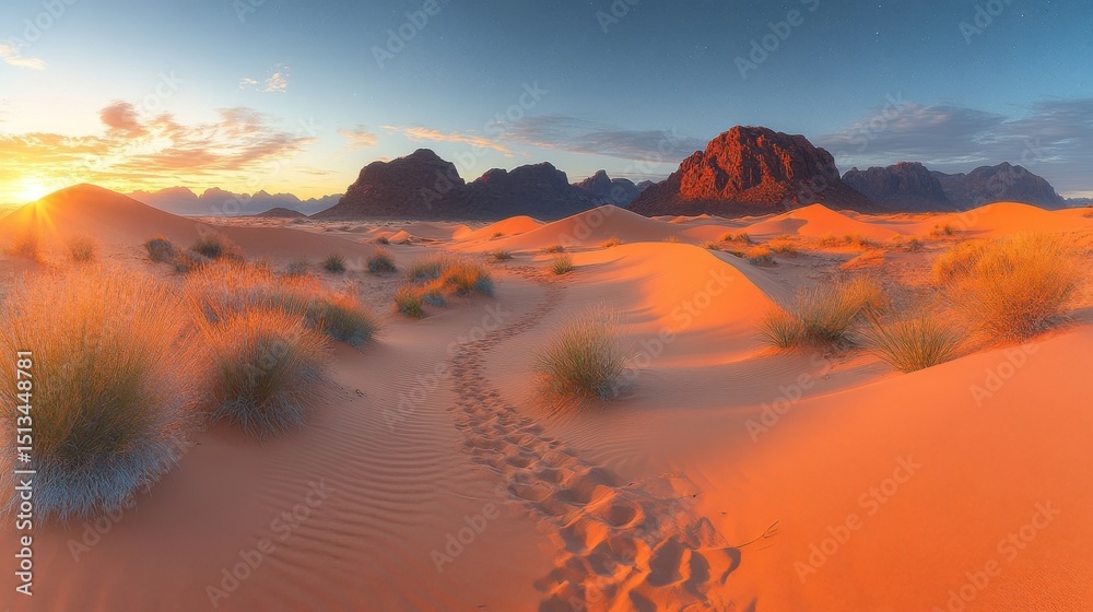 Naklejka premium Golden Sunset over Sandy Desert Dunes with Distant Mountains and Footprints