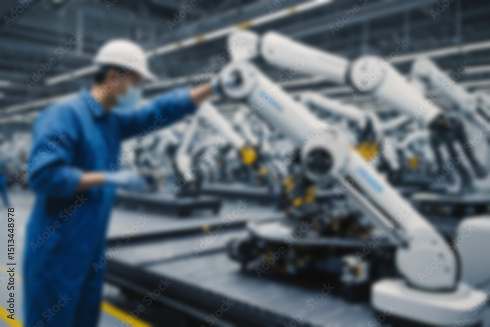 Fototapeta premium A blurry car factory, vehicle spare parts production using sophisticated tools, a worker makes spare parts assisted by a sophisticated and modern robot hand, with a blurry car factory background.