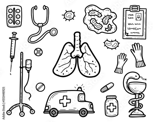 Set healthy lungs. Hand drawn doodle illustration. Human organ. Respiratory disease, pneumonia, virus. Ambulance. Medical examination of patient. Vector line art group of elements.