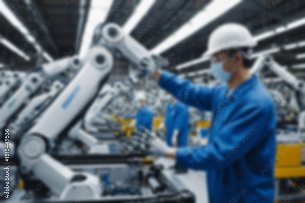 custom made wallpaper toronto digitalA blurry car factory, vehicle spare parts production using sophisticated tools, a worker makes spare parts assisted by a sophisticated and modern robot hand, with a blurry car factory background.