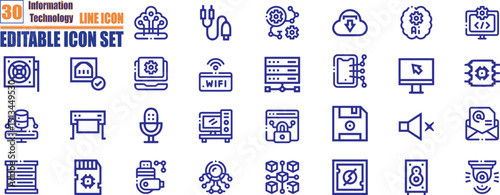 Information technology line icons collection. IT network, data, internet, website. Vector Illustration, editable stroke