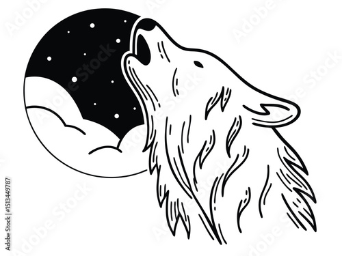 Abstract line art of a wolf howling at the moon.

