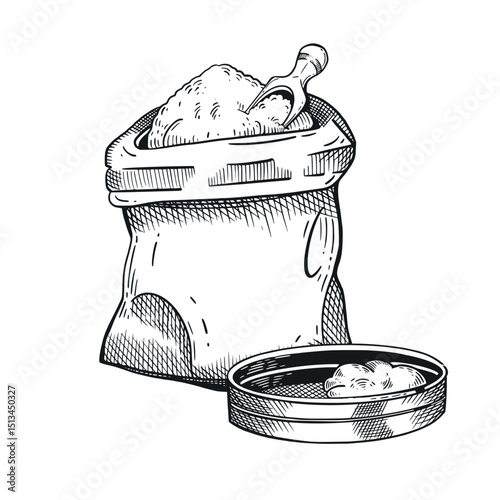 Bag of flour and wooden scoop, sieve for sifting flour. Vector illustration. Suitable for printing on food packaging, wrapping paper, bakery design.