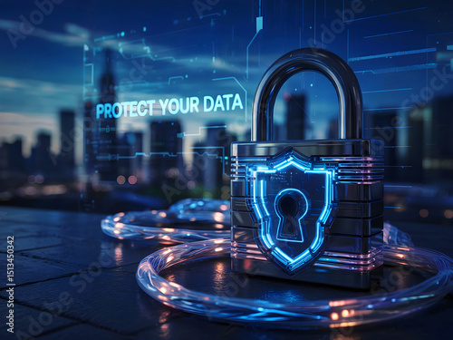 Digital Data Protection with Padlock and Fiber Optic Cables in Cityscape