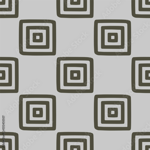Square spiral seamless pattern. Abstract, geometric design features a modern, tribal-inspired style. Ethnic hand-drawn repeating print design in ink technics.