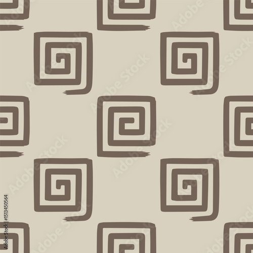 Square spiral seamless pattern. Abstract, geometric design features a modern, tribal-inspired style. Ethnic hand-drawn repeating print design in ink technics.