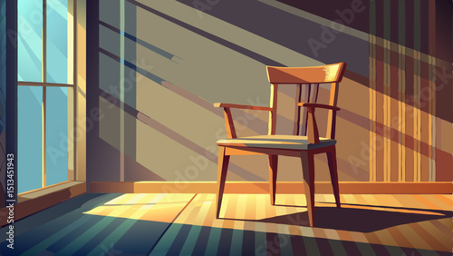 An elegant wooden chair stands alone in a minimalist room, bathed in soft afternoon light, reflecting stillness, solitude, and the quiet function of design meeting daily comfort.