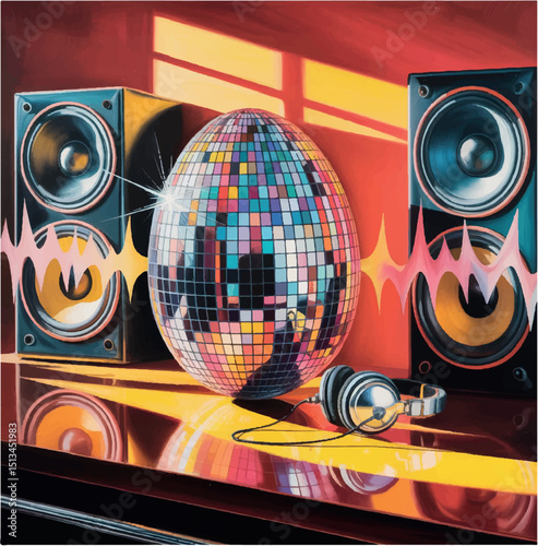 retro, disco, illustration, party, fun, design, music, groovy, isolated, style, vintage, graphic, vector, drawing, ball, decoration, 70s, funky, doodle, cartoon, shiny, 80s, dance, disco ball, nightli