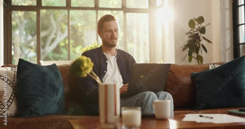 Remote work from home, thinking and man on sofa, laptop and problem solving with online editing. Person, freelancer or writer on couch, pc or research for article, creativity or feedback for proposal