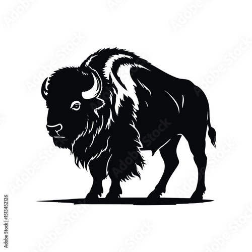 Majestic Bison Silhouette: A striking black and white silhouette of a formidable bison stands in profile, a symbol of strength and the vast American wilderness, capturing the essence of the plains.