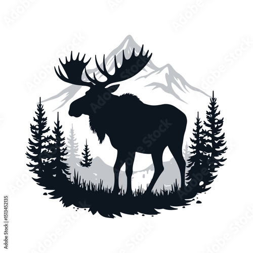 Majestic Moose in the Wilderness: A stunning silhouette of a majestic moose, crowned with impressive antlers.