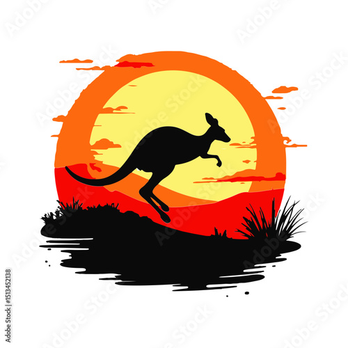 Kangaroo Silhouette at Sunset: A bold silhouette of a kangaroo leaping against the vibrant backdrop of a setting sun and the outback landscape.