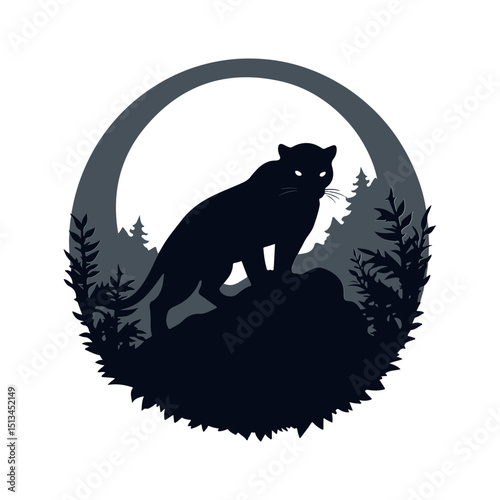 Silent Hunter: A silhouette of a sleek black panther atop a shadowy rock, gazing into the distance with glowing eyes, framed by a tranquil forest.