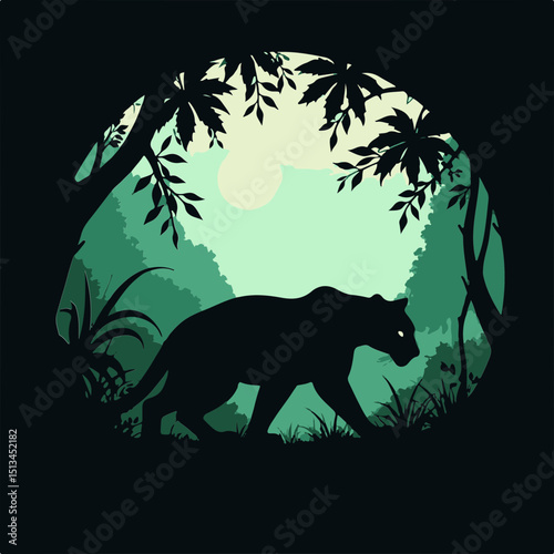 Shadow Panther's Jungle Silhouette: A striking silhouette of a panther prowls through a lush jungle, where the interplay of light and shadow creates a dramatic atmosphere. 