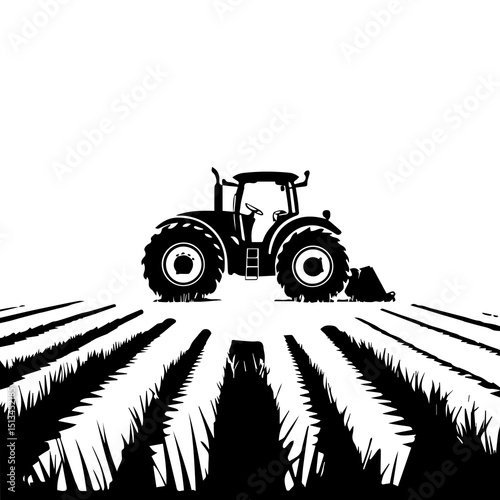 Agricultural Tractor in Fields: A bold, monochrome image showcasing a tractor tilling the fertile fields, symbolizing the essence of farming and agricultural innovation.