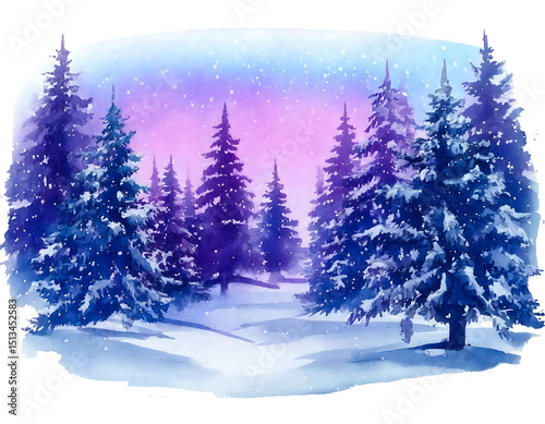 Serene watercolor painting of a snowcovered winter forest at twilight.  Purple and blue hues create a magical, dreamlike atmosphere.