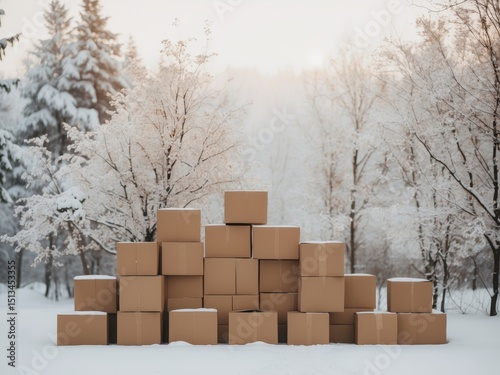 Boxes in Winter Wonderland. A pile of cardboard boxes in a snowy forest scene.