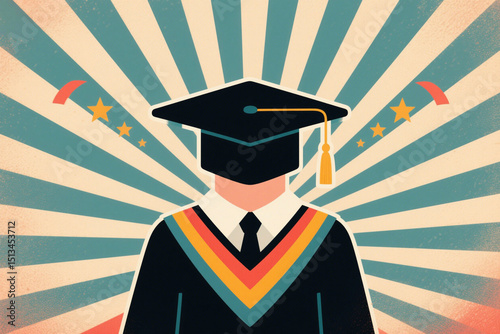 Illustration of a graduate in cap and gown with retro background