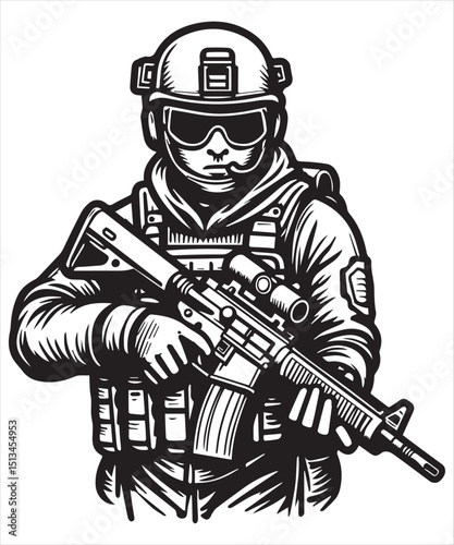  Focused Military Operator with Assault Rifle