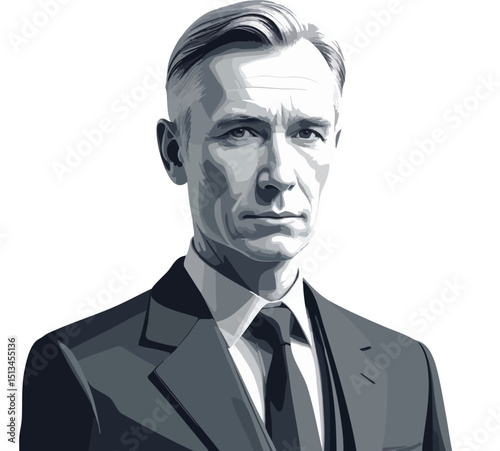 Portrait of a Confident Businessman: A stylized portrait of a serious, middle-aged businessman in a suit and tie. His expression conveys confidence and determination.