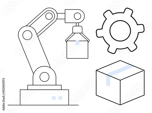 Robotic arm lifting a package, gear symbol, and sealed box representing automated production processes. Ideal for technology, manufacturing, logistics, efficiency, innovation, industry robotics