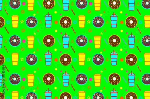 Colorful seamless pattern featuring chocolate donuts with sprinkles, yellow coffee cups and blue cold drink cups with straws.Iideal for food  themes, cafe brands, wallpapers, packaging and textiles.