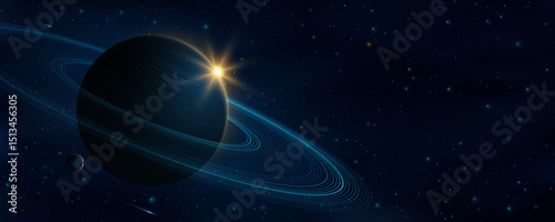 Abstract universe background with planet Saturn and ring around. Starry sky with falling meteors and glowing sun effect. Scientific presentation backdrop. Vector illustration