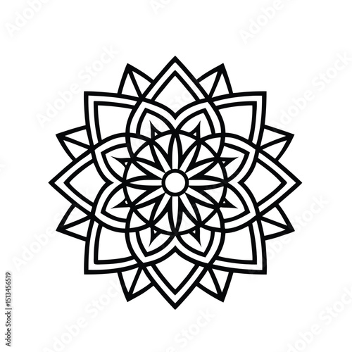 Geometric Mandala Design with Intricate Details and Symmetrical Pattern Black and White Illustration for Coloring Book