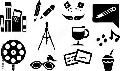 Collection of black icons featuring books, pencils, film reel, coffee cup, and musical notes arranged neatly |eps vectors silhouette |EPS VECTORS SET