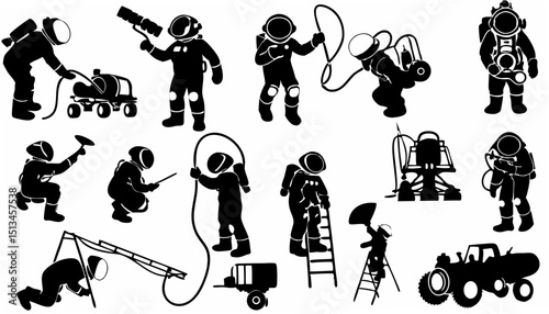 Silhouette illustration featuring astronauts in various activities and space exploration equipment and vehicles |eps vectors