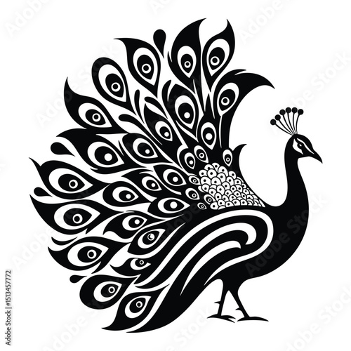 Elegant Black and White Peacock Illustration