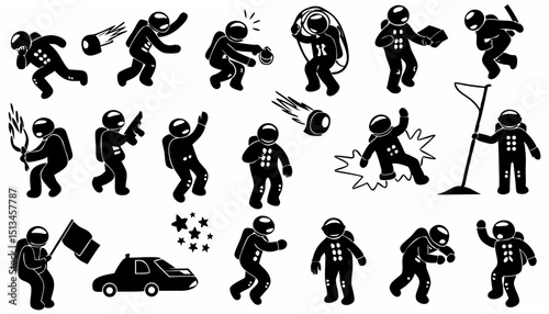 Collection of astronaut stick figures in various poses and situations in black and white color scheme |eps vectors silhouette