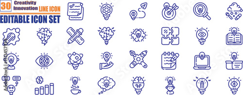 Creativity innovation icons. Light bulb, inspiration, creative business, creative idea, team management, solution, brainstorming, invention and more. 