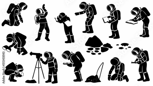 Collection of astronaut silhouettes in various poses exploring a lunar surface with equipment and rocks |eps vectors