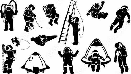A collection of black and white astronaut illustrations in various poses and activities in space suits |eps vectors silhouette