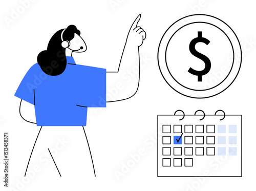 Woman pointing at a dollar sign in focus with a marked calendar below. Ideal for finance, budgeting, scheduling, goal setting, strategy, planning, time management, flat simple metaphor