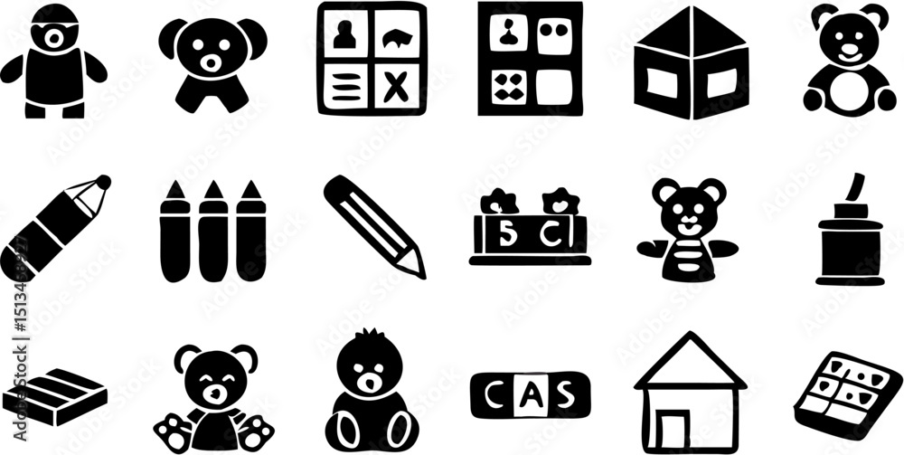 Naklejka premium Illustration of various toys and art supplies including teddy bears crayons and building blocks isolated |eps vectors silhouette