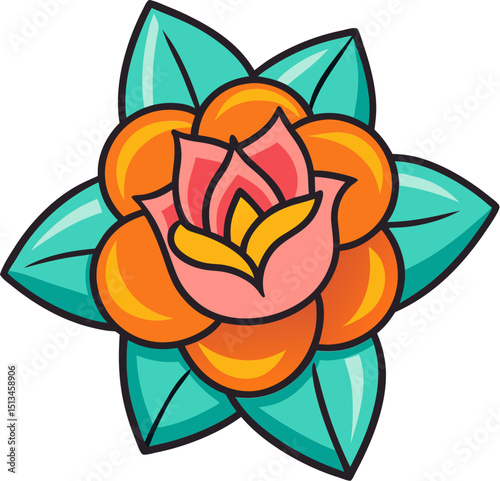 Sugar flower tattoo vector design with smooth layered petals in elegant symmetrical floral composition