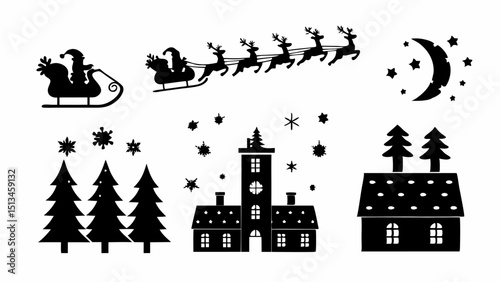 Silhouette christmas scene with santa in sleigh reindeer moon stars trees and houses in black and white |eps vectors