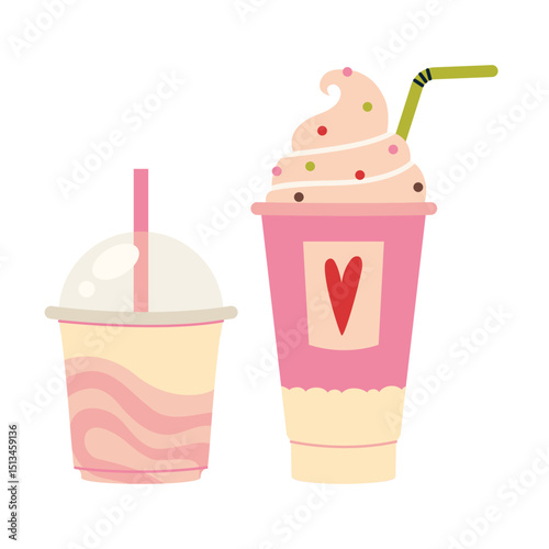Milkshakes with ice cream and whipped cream in pink takeaway cups. Trendy modern vector illustration isolated on white background, hand drawn, flat design