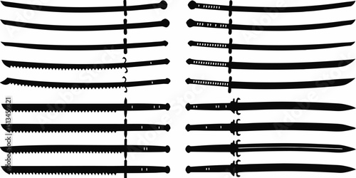 Silhouettes of various swords with different blade shapes and handle designs displayed in two columns |eps vectors