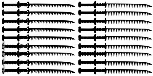 Arrangement of multiple identical black coping saws displayed in a symmetrical and organized manner |eps vectors silhouette