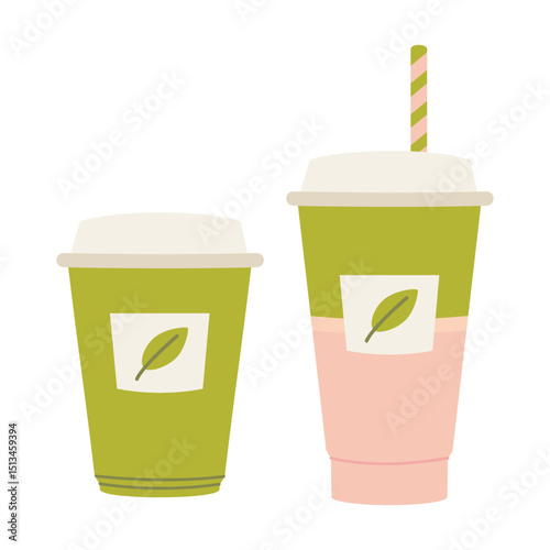Two takeaway cups with leaf labels, matcha latte drinks in cute flat style. Trendy modern vector illustration isolated on white background, hand drawn