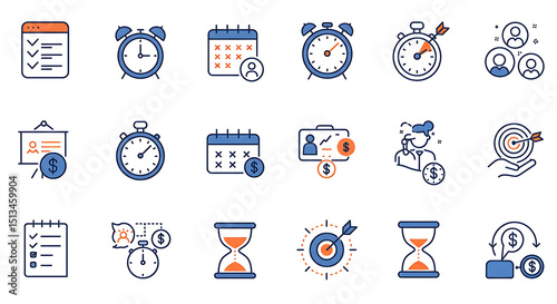 Productivity and time management icon set, Containing to-do list, alarm clock, calendar, stopwatch, focus target, multitasking, planning board, hourglass, productivity bar. vector icon