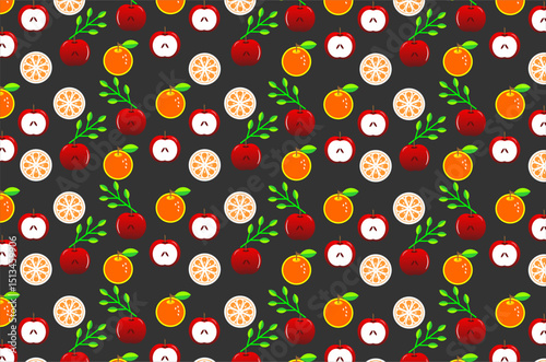 A colorful seamless pattern featuring hand-drawn illustrations of red apples, orange citrus fruits, and green leafy branches. Ideal for textile design, wrapping paper, wallpaper and kitchen decor.