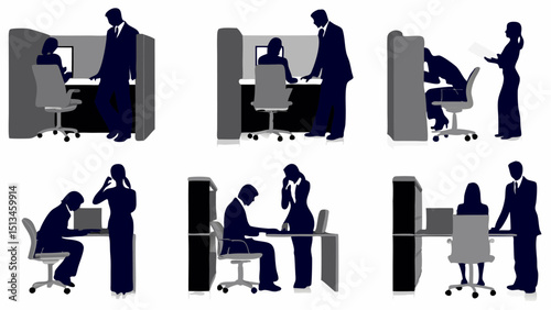 Silhouettes of people working in office cubicles and at desks in various poses and interactions shown |eps vectors