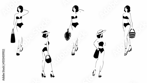 Silhouetted women in swimwear with hats and bags in a stylish monochrome fashion illustration style |eps vectors