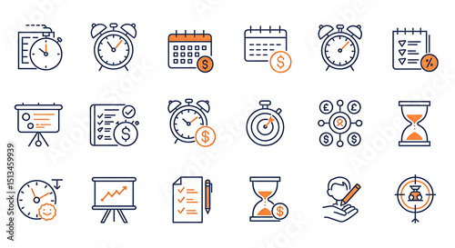Productivity and time management icon set, Containing to-do list, alarm clock, calendar, stopwatch, focus target, multitasking, planning board, hourglass, productivity bar. vector icon